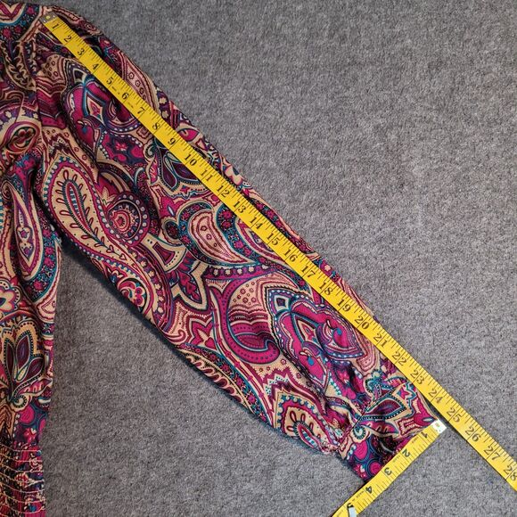 VTG 70s Judy Bond Top Purple Paisley Womens 14 Mod Boho Shirred Waist Office - Picture 5 of 9